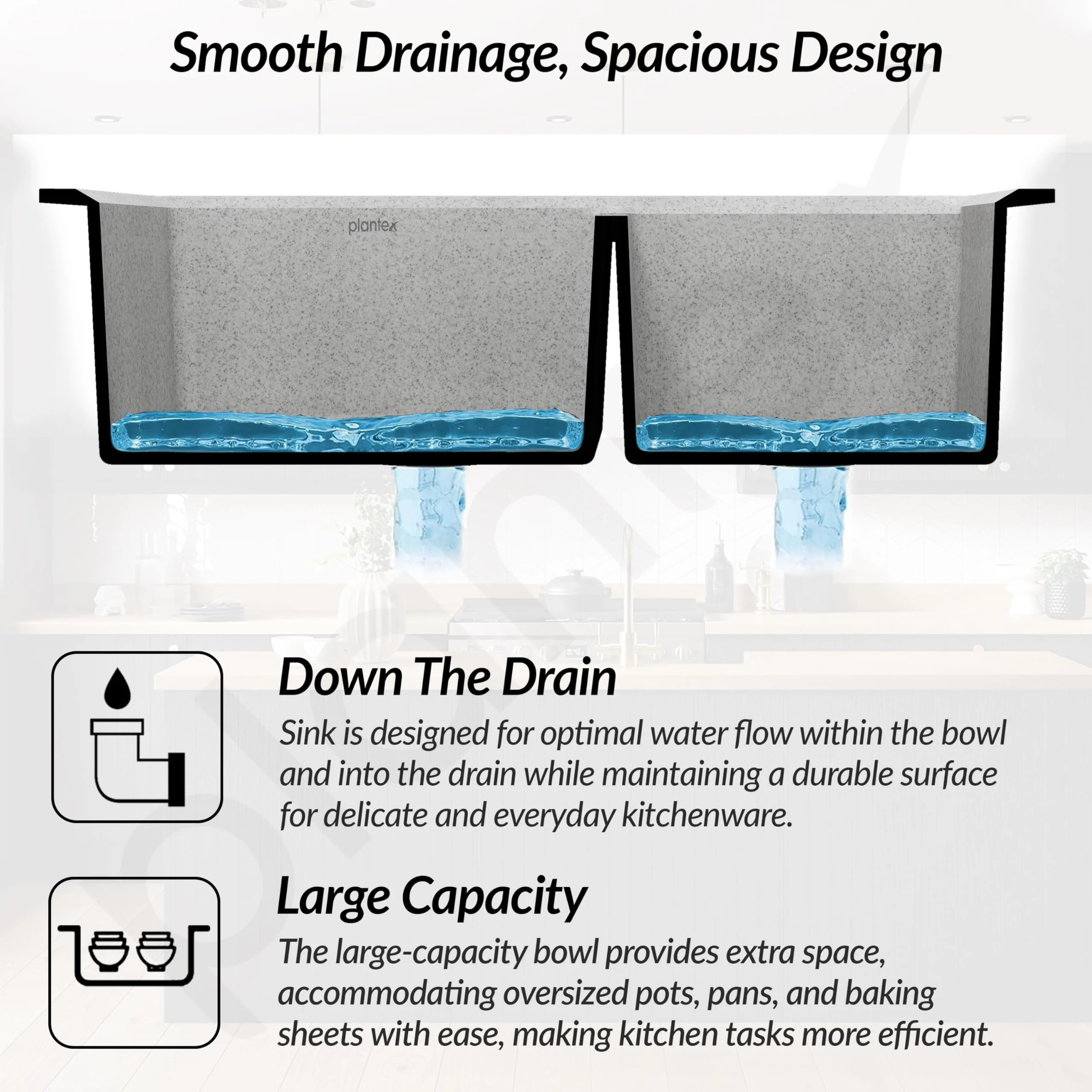 Plantex UV Protected Kitchen Sink/Quartz Sink for Kitchen/Double Bowl with Coupling and Hose Pipe (Mosaic Grey - 31x18inch) - Image 4