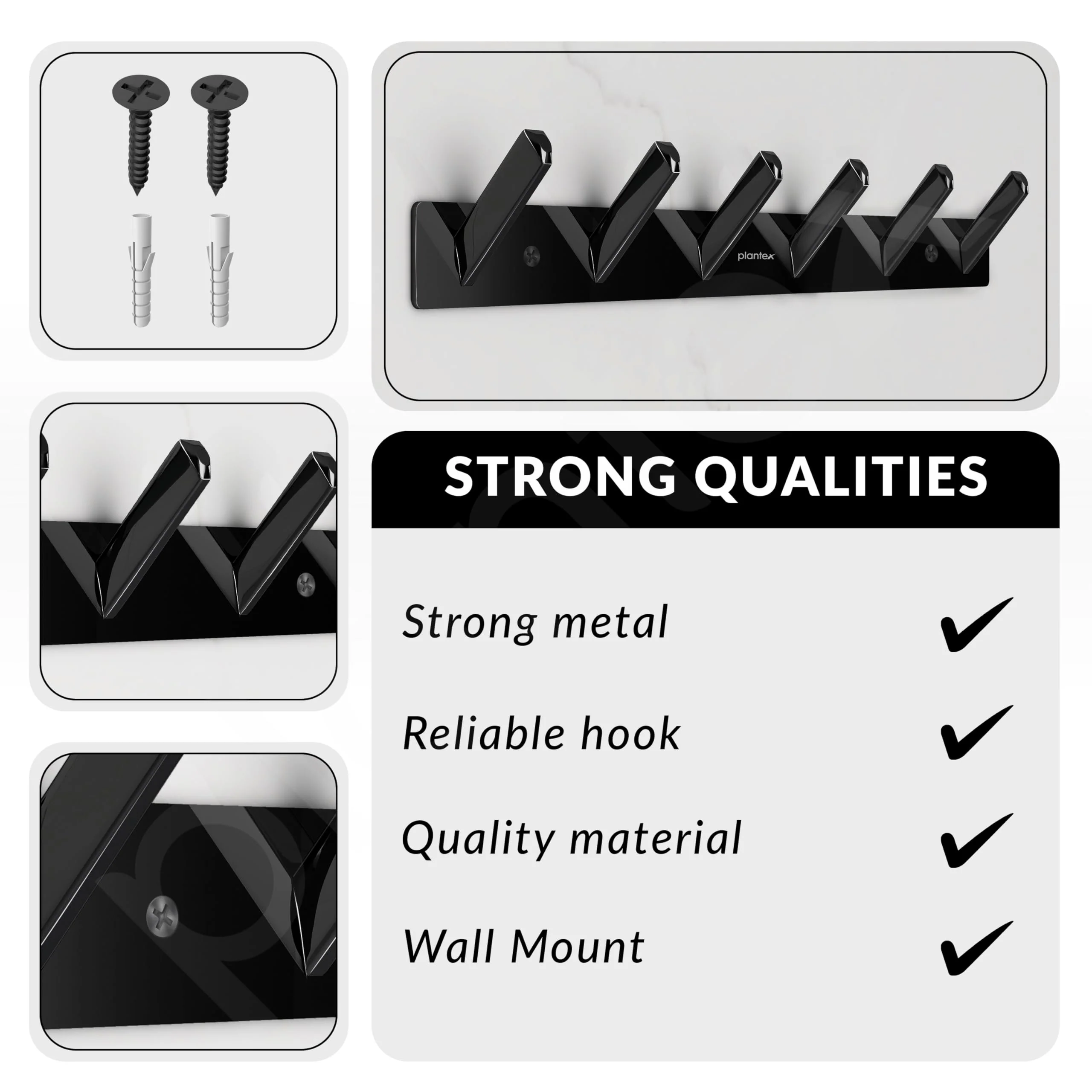 Plantex Wall Hooks for Hanging Cloth/Stainless Steel Towel Hangers/Bathroom Robe Hooks/Door Hangers/Square Wall Hook/Hook Rail for Hanging Keys - 6 Hooks (Pack of 1, PVD Black) - Image 6