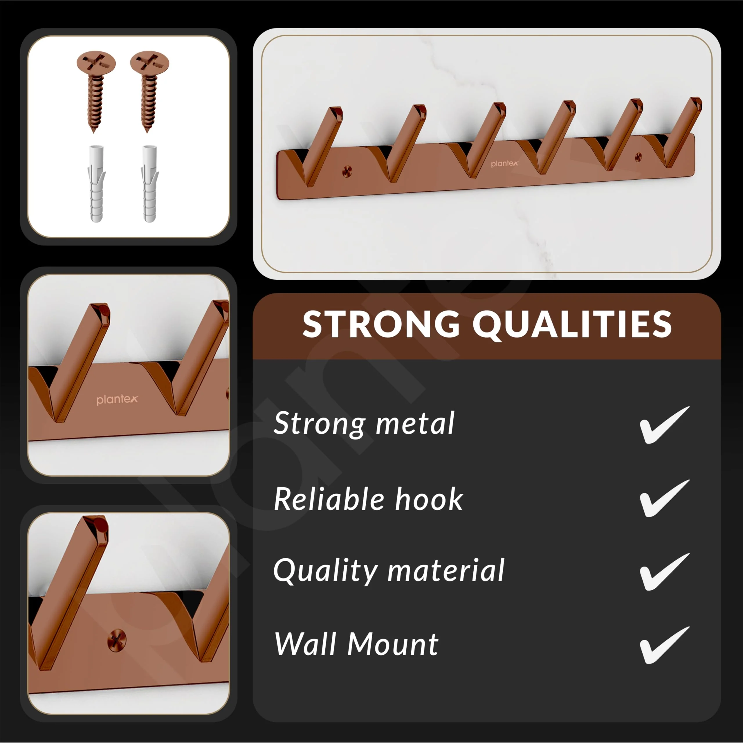 Plantex Wall Hooks for Hanging Cloth/Stainless Steel Towel Hangers/Bathroom Robe Hooks/Door Hangers/Square Wall Hook/Hook Rail for Hanging Keys - 6 Hooks (Pack of 1, PVD Rose Gold) - Image 6