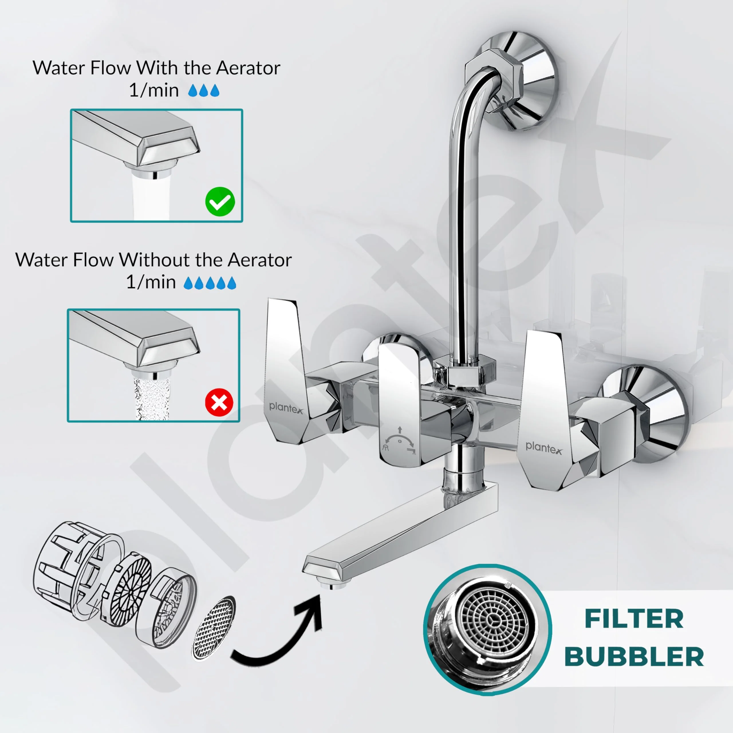 Plantex Wall Mixer for Bathroom 2 In 1 with L-Bend Provision for Overhead Shower/Mixer Tap for Bathroom with Water Saving Nozzle Tap- (Celesiya-1249) - Image 6