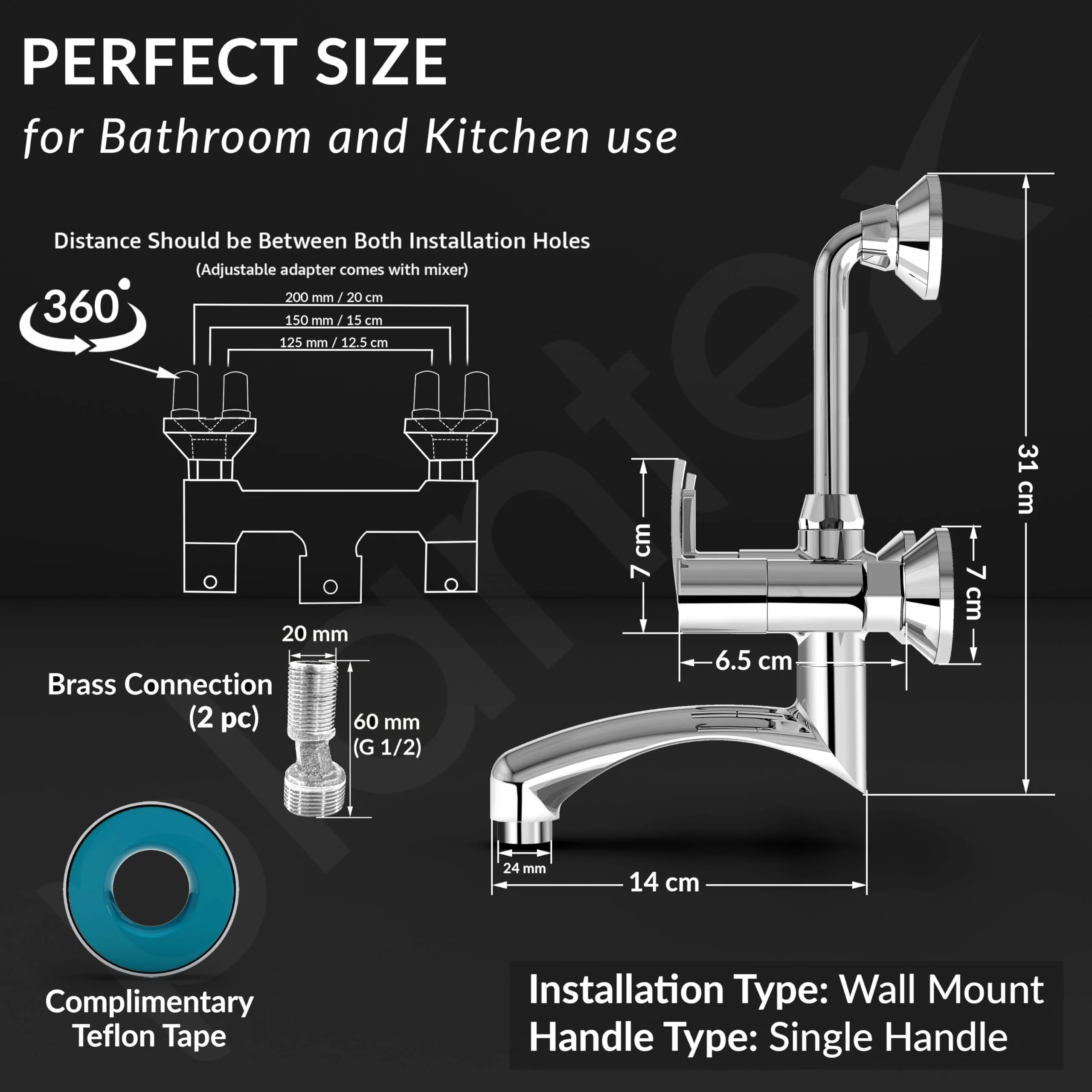 Plantex Wall Mixer for Bathroom 2 In 1 with Overhead Shower Provision and Long Bend Pipe/Mixer Tap for Bathroom with Water Saving Nozzle-7 Year Warranty (AQ-1418-Mirror Chrome) - Image 4