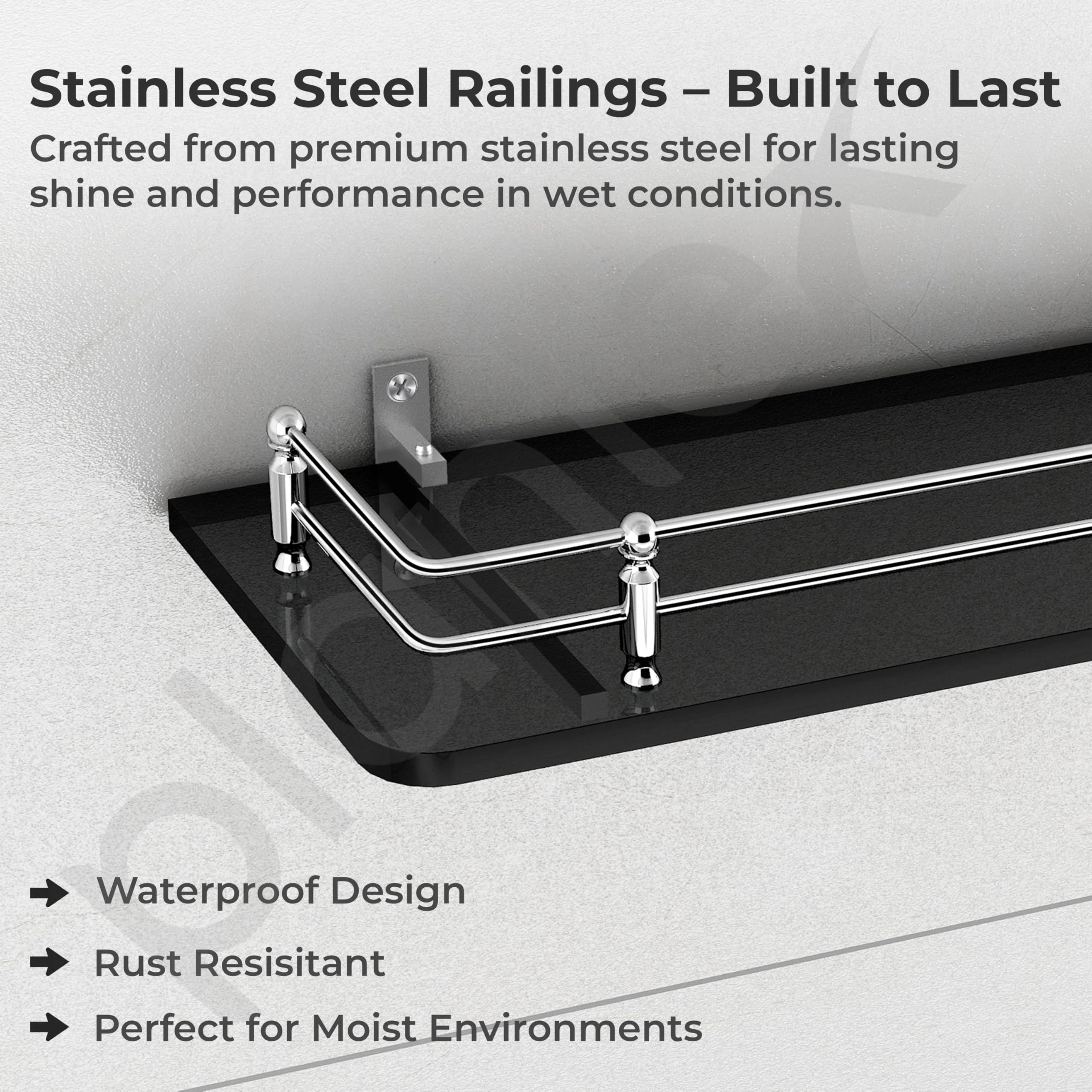 Plantex Wall Mount Glass Shelf for Bathroom/Shelves for Kitchen/Black Glass Shelf, Polished (12x6 Inches - Pack of 2) - Image 2