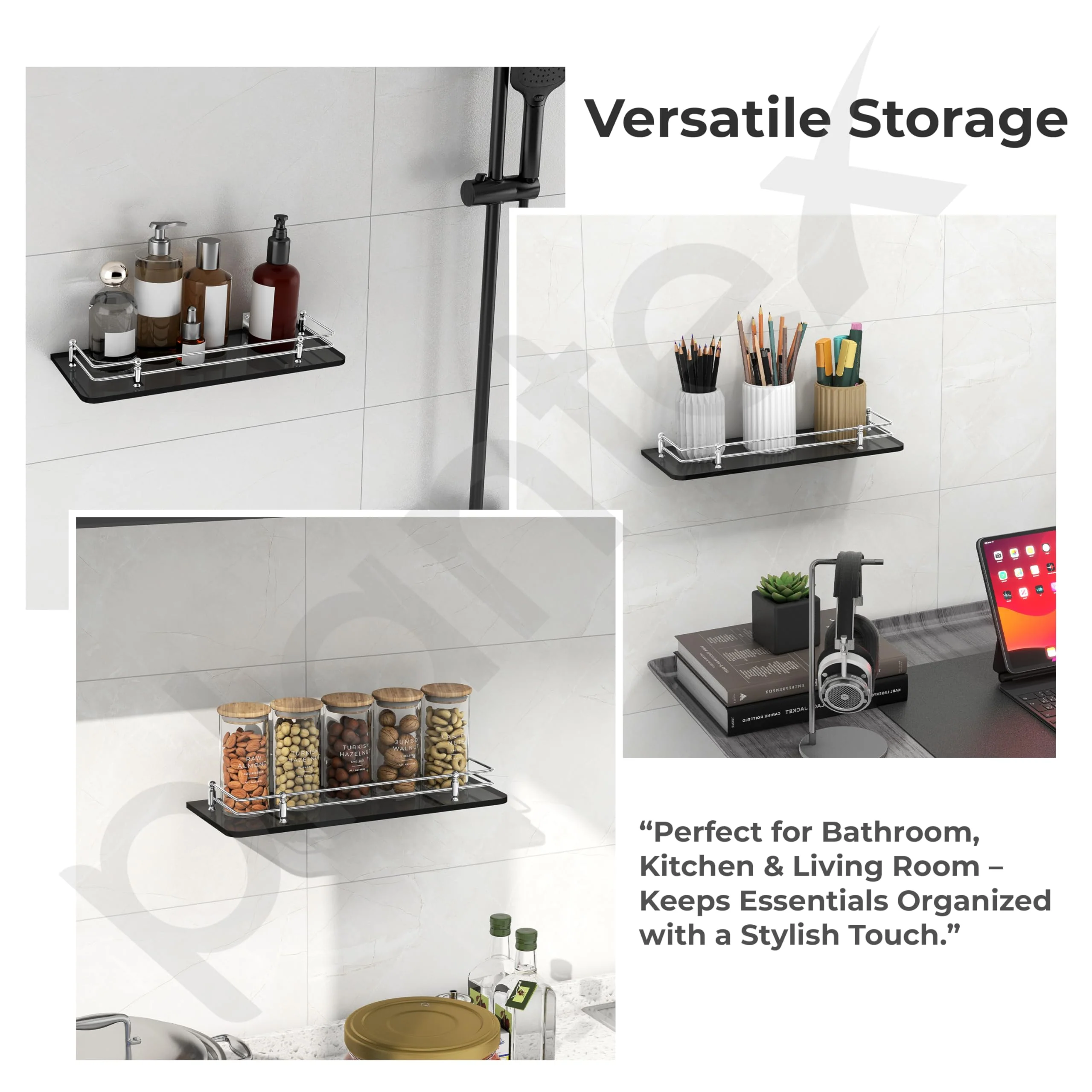 Plantex Wall Mount Glass Shelf for Bathroom/Shelves for Kitchen/Black Glass Shelf, Polished (15x6 Inches - Pack of 3) - Image 7