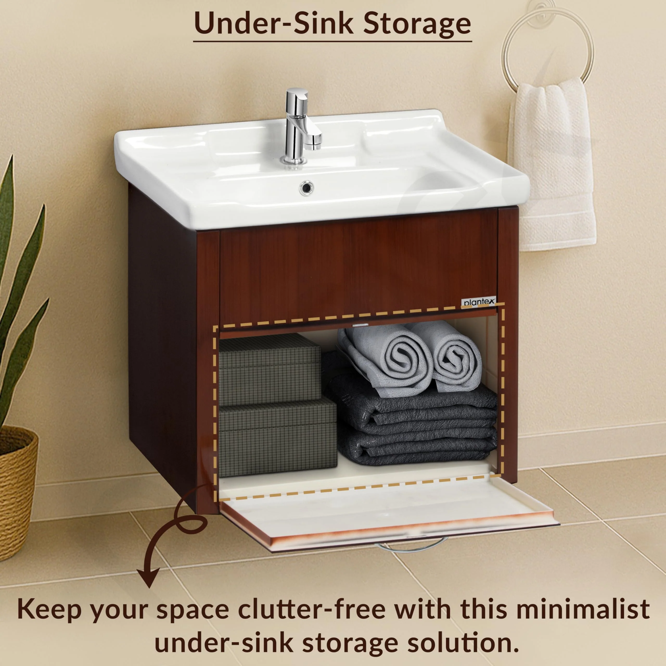 Plantex Wall Mount Vanity Cabinet with Washbasin and Mirror/Unbrekable Bathroom Organizer/Washbasin with Cabinet (Brown) - Image 3