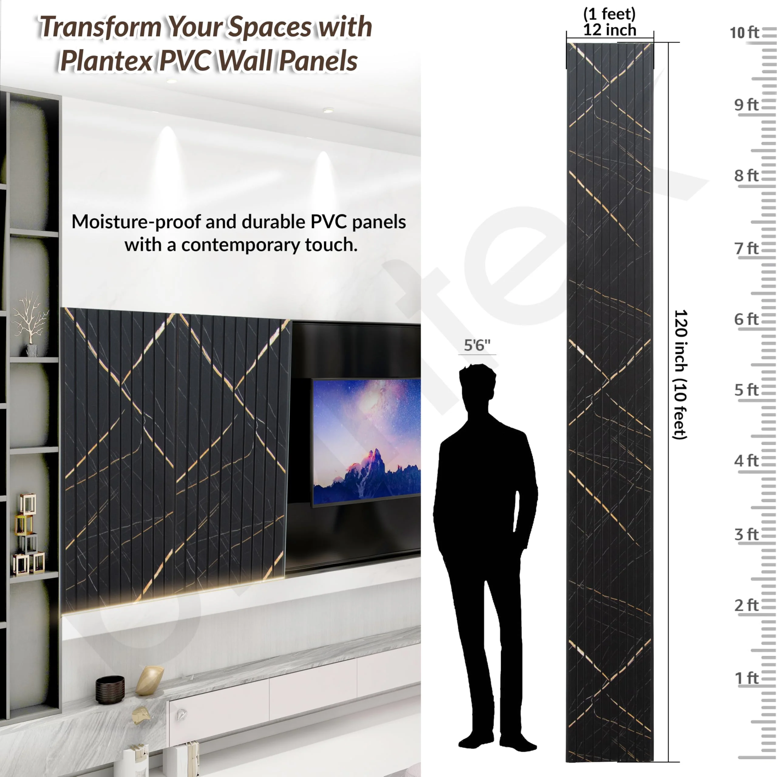 Plantex Wall Panel/PVC Louver Panel for Wall with Size - 12 Inch x 10 Ft/Durable, Lightweight, and Stylish Panels for Office/Hotel/Ideal for Walls & Ceilings - Pack of 1 (Black, 5032) - Image 2