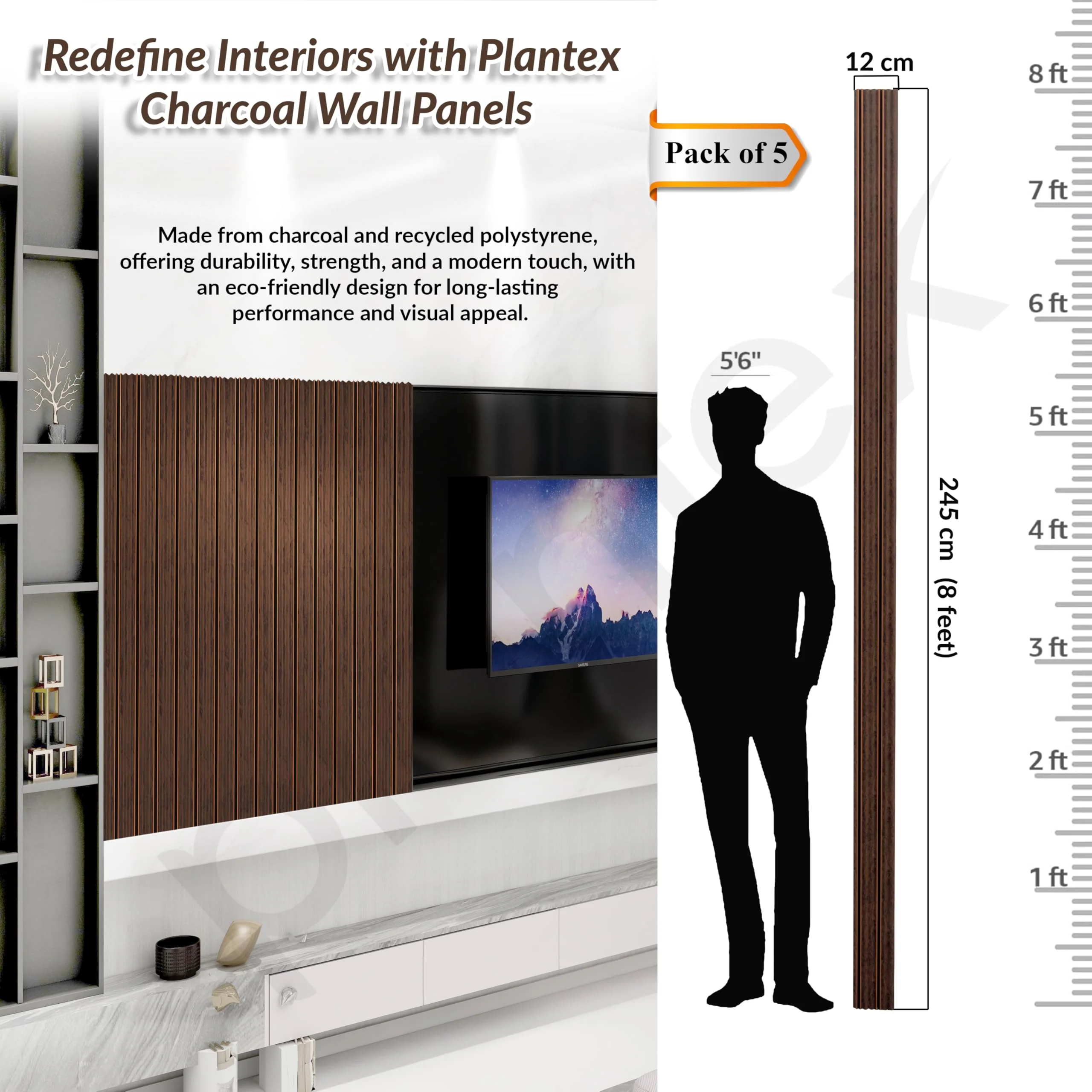 Plantex Wall Panels/Louvers Panel for Wall 8 Feet/Charcoal Panel for Interior Wall Décor/3D Wall Panel - Pack of 5 Covers - 16 Sq. Ft, Size-5 Inch x 8 Feet (Chestnut Gold) - Image 2