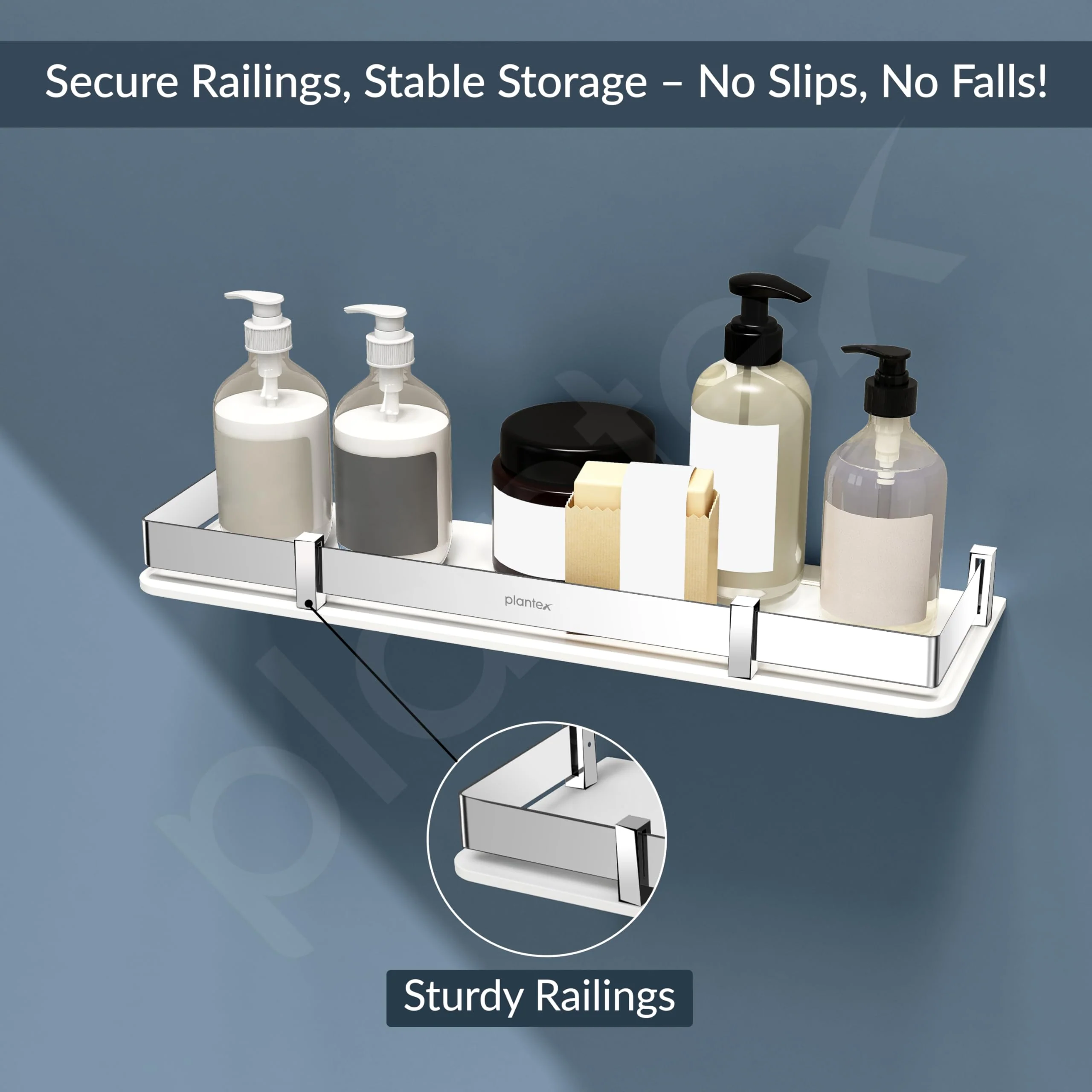 Plantex Wall Shelf for Bathroom Storage/Acrylic Washroom Shelf Organizer with Stainless Steel Railings/Bathroom Accessories (White, 15x6 inches) - Image 6