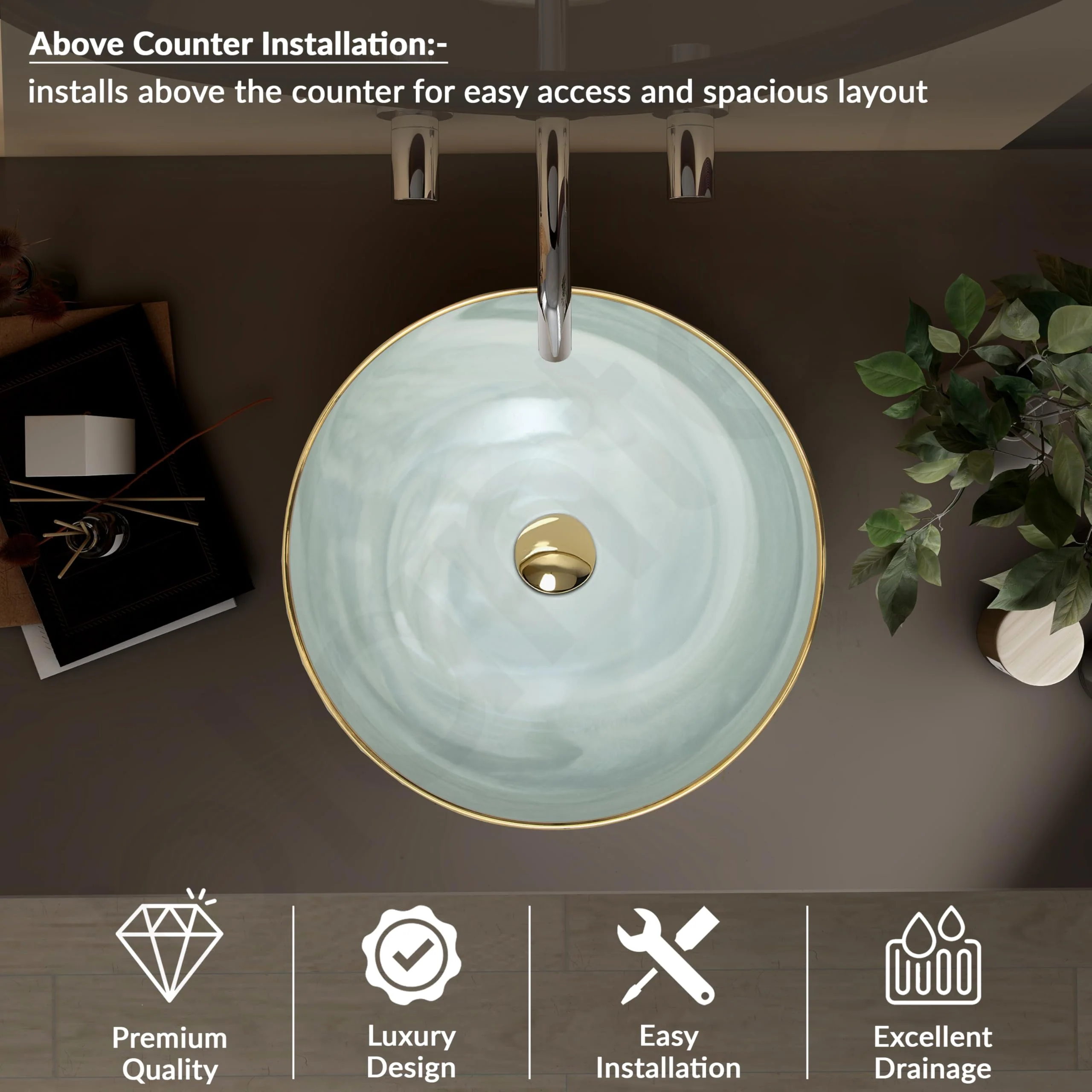 Plantex Wash Basin/Ceramic Table Top Wash Basin/Designer Countertop Basin for Bathroom/Restaurants/Hotel (Mint green & Gold - 16.5 x 16.5 x 4 Inch) - Image 5