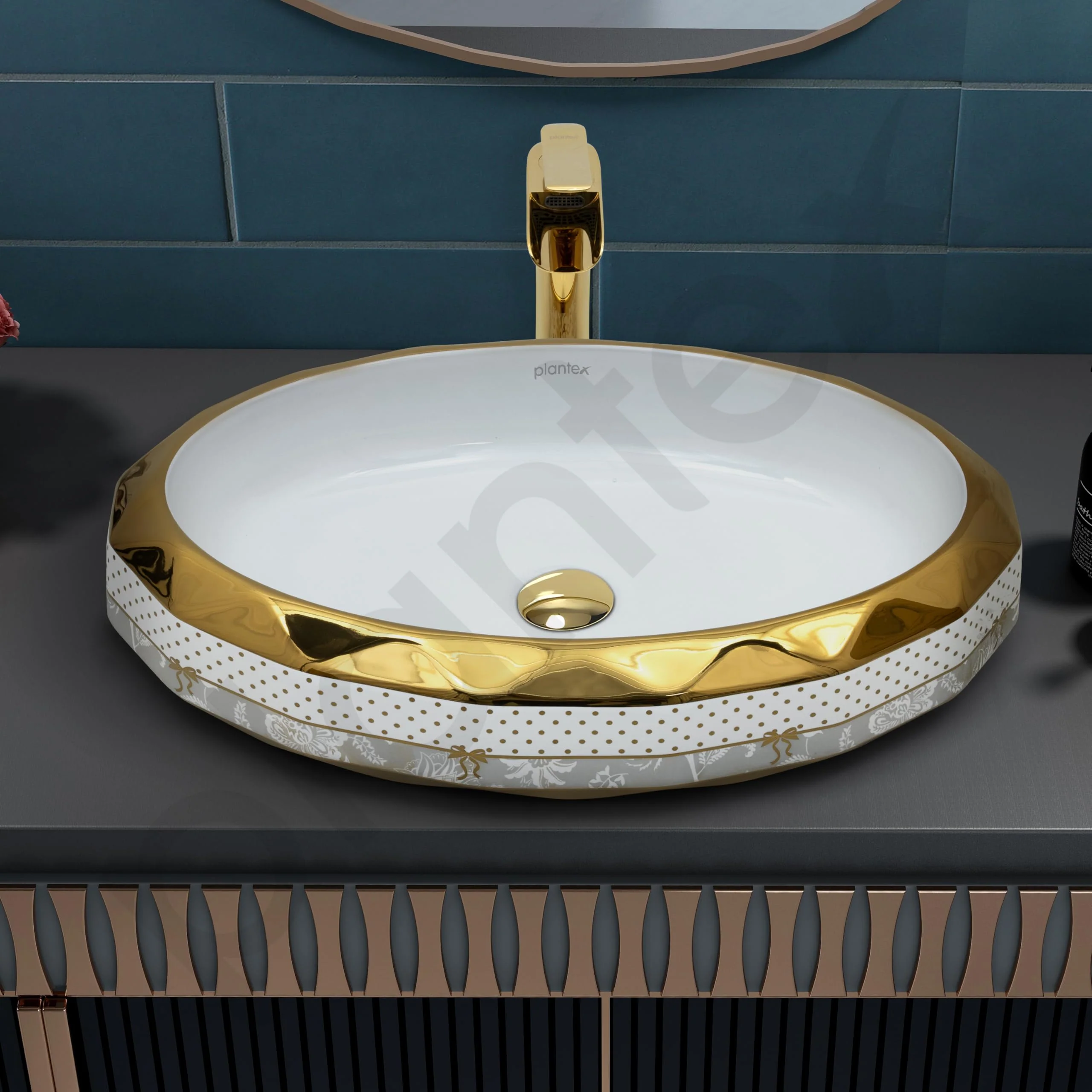 Plantex Wash Basin/Ceramic Table Top Wash Basin/Designer Countertop Basin for Bathroom/Restaurants/Hotel – Oval (White & Gold - 23 x 16 x 5 Inch) - Image 6