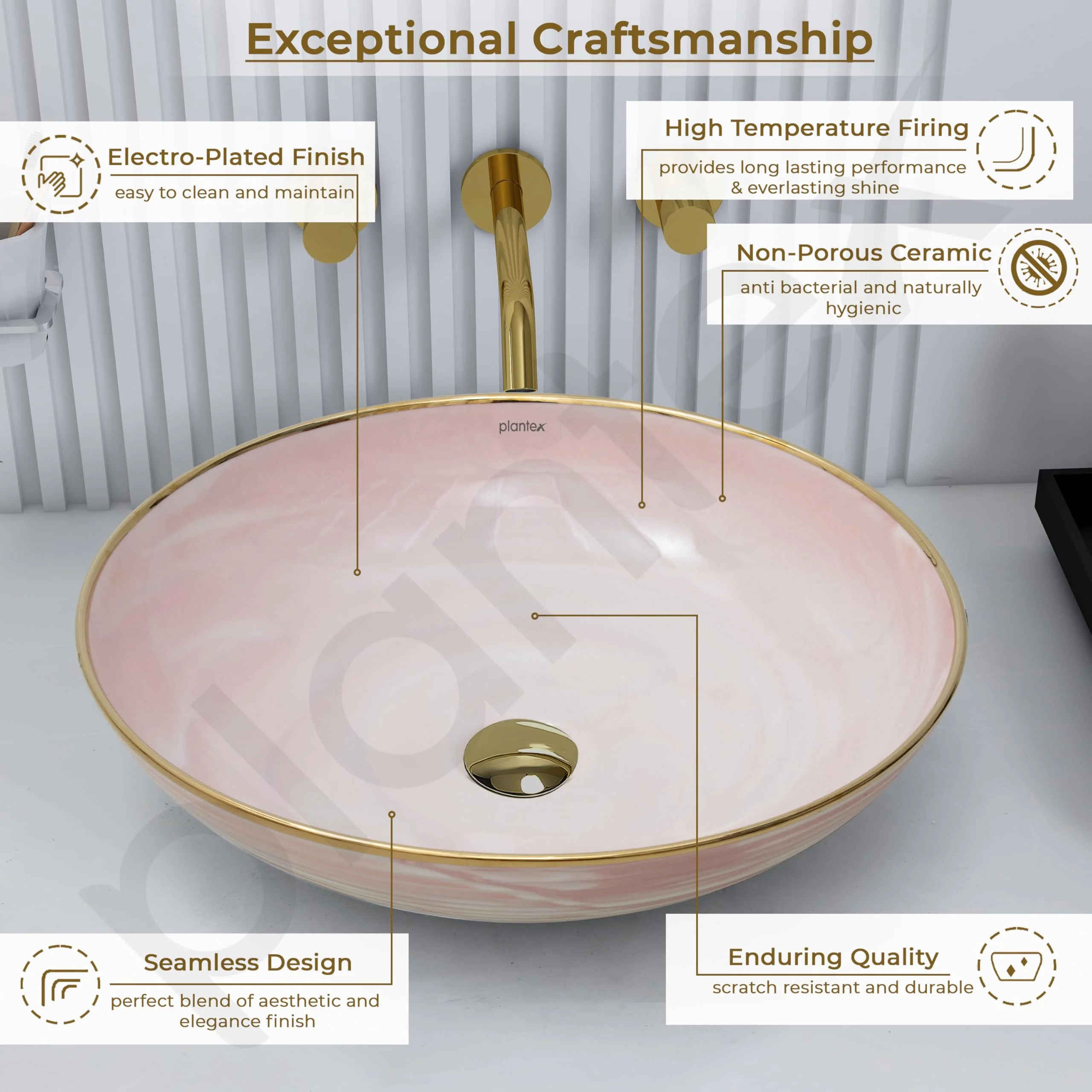 Plantex Wash Basin/Ceramic Table Top Wash Basin/Designer Countertop Basin for Bathroom/Restaurants/Hotel (Pink & Gold - 16.5 x 16.5 x 4 Inch) - Image 4