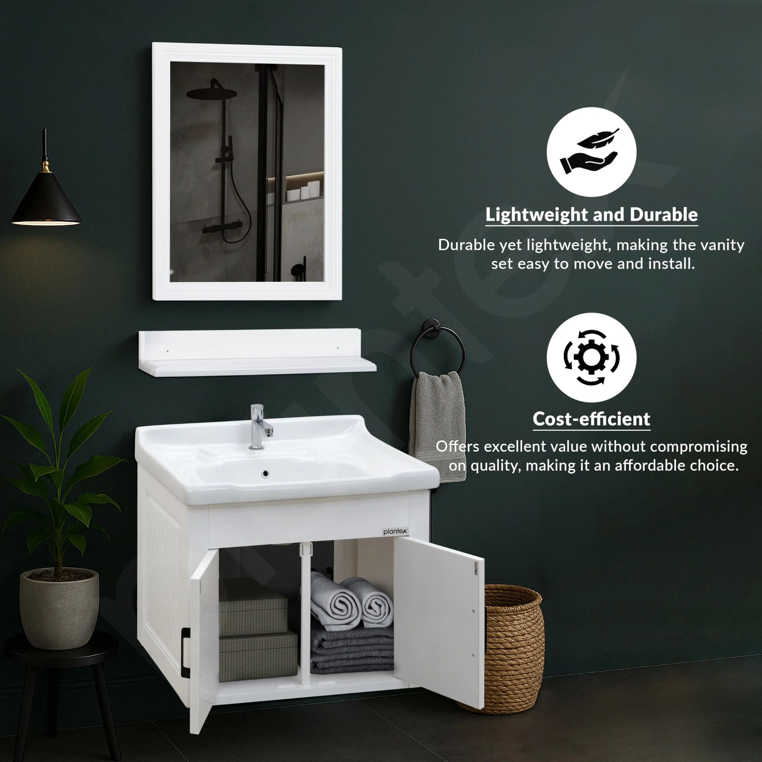 Plantex Wash Basin with Cabinet/Unbrekable Bathroom Vanity Cabinet & Washbasin Set/Basin Cabinet for Bathroom with Mirror (White) - Image 6